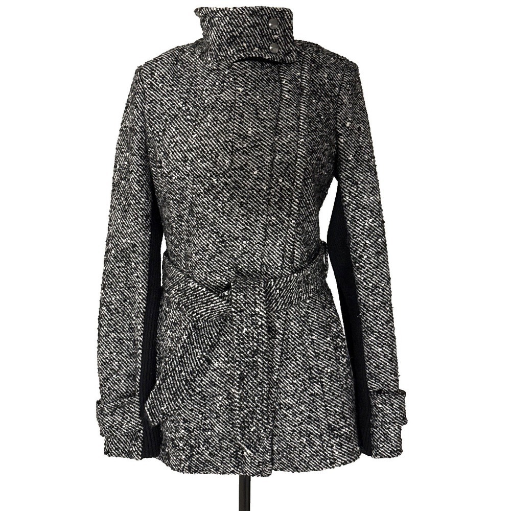 Express Coat Jacket Womens XS Tweed Wool Blend Black White Belted Lined Pockets